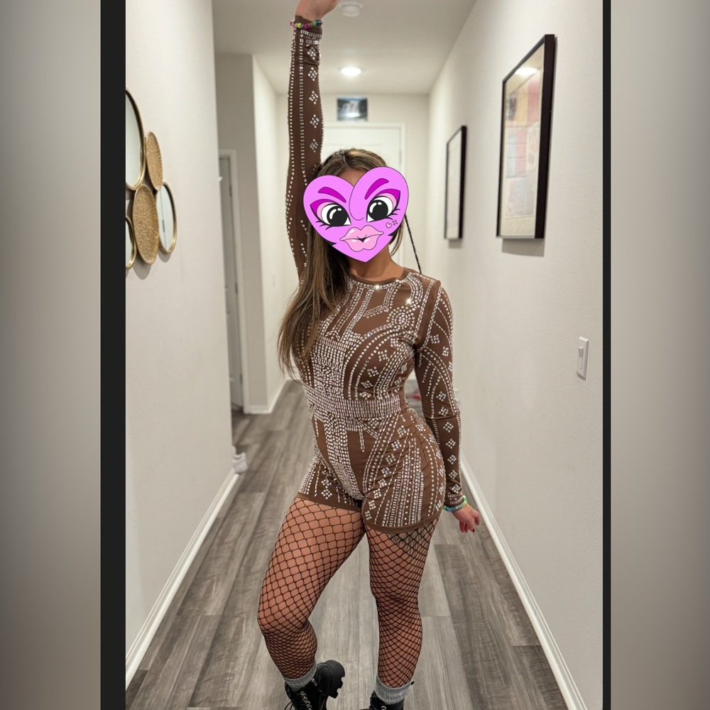 Brown Rhinestone Embellished Romper